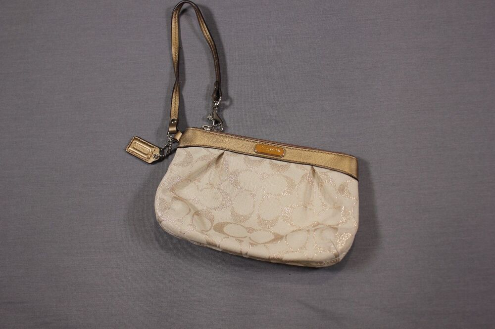 Coach Metallic Gold Signature Jacquard Pleated Canvas Wristlet Bag Clutch